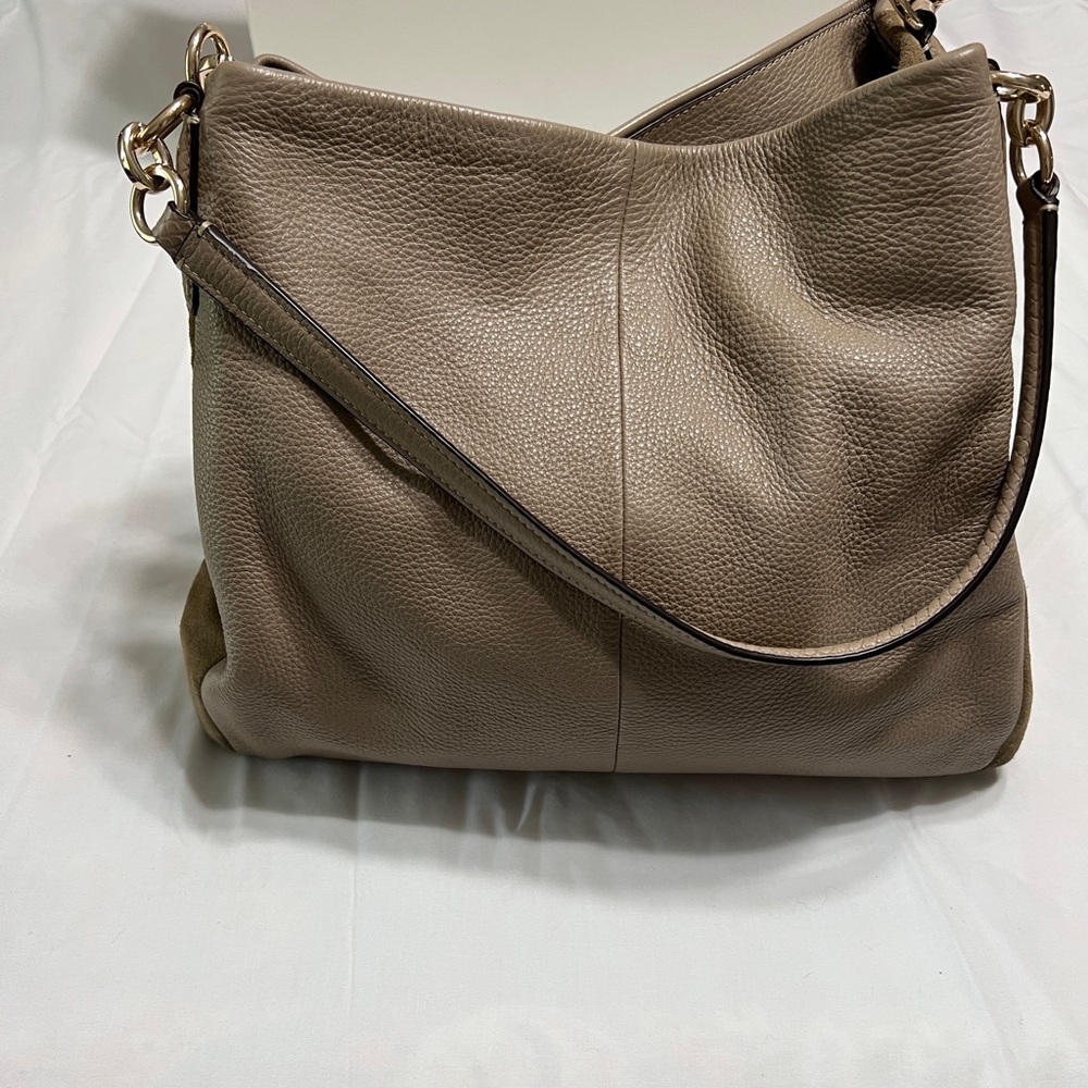 Coach Taupe Leather Suede, Phoebe Madison Shoulder Bag With Three Compartments